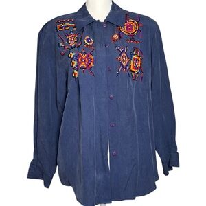 I. B. Diffusion 100% Silk Blue Button Up Aztec Beaded Women’s Blouse Size 8